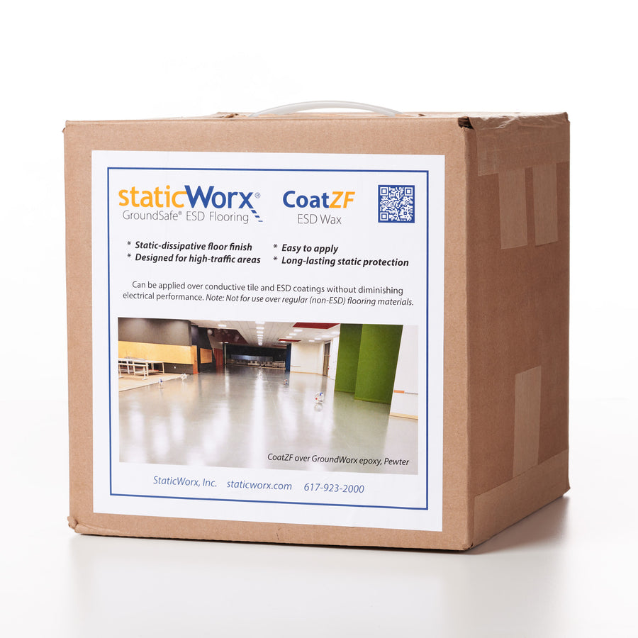 Photo of a box of StaticWorx CoatZF static-dissipative floor finish (ESD wax). The box is brown with a white label on it with some product information and a picture of an installed ESD epoxy floor. 