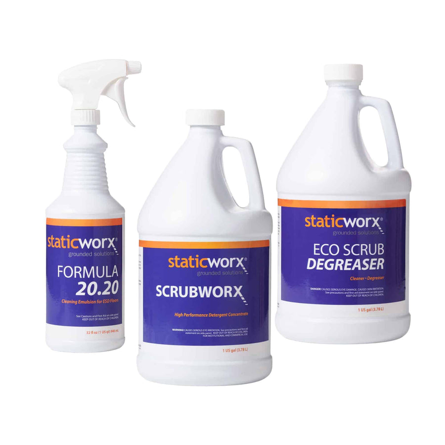 Photo of a bottle of Formula 20.20 cleaning emulsion with a spray top on the right, a screw-top bottle of ScrubWorx neutral floor cleaner in the center, and a screw-top bottle of EcoScrub degreaser on the right.