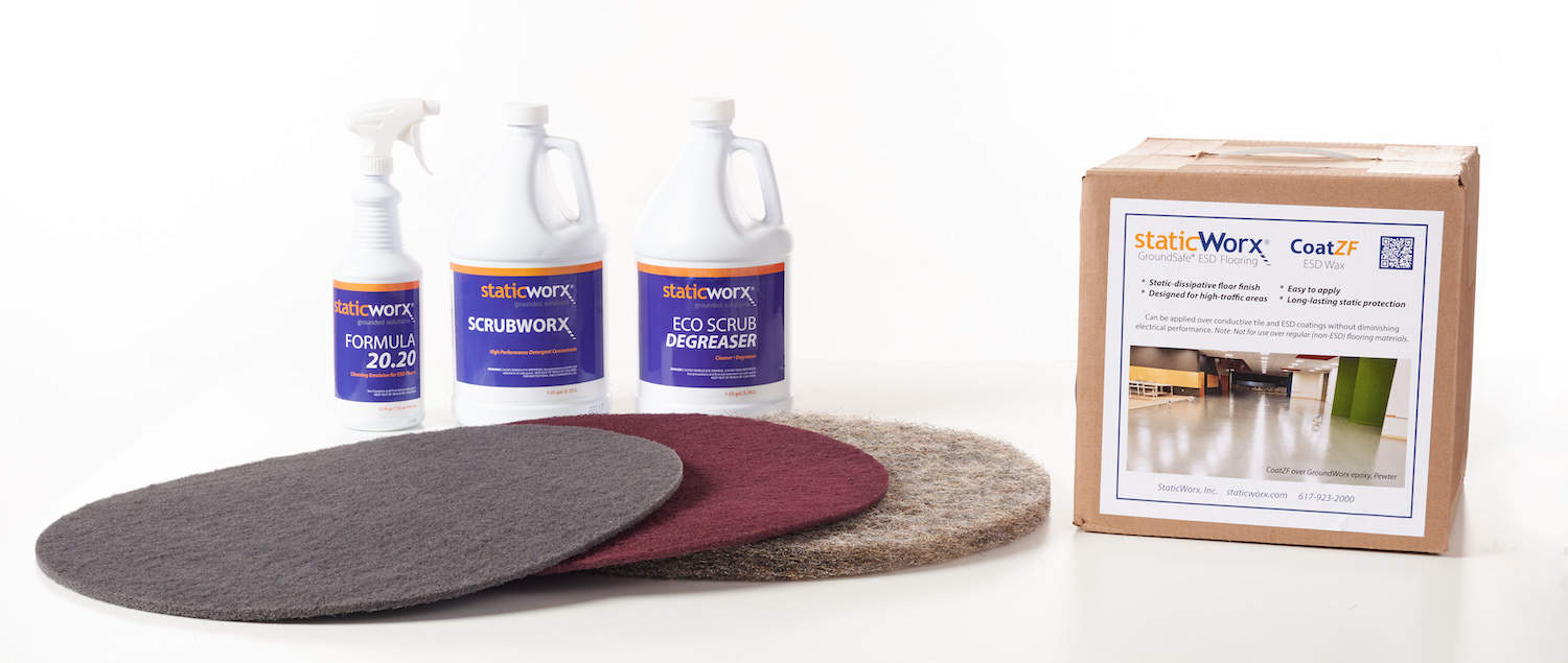 Photo of the StaticWorx range of cleaning products, including CoatZF static-dissipative floor finish, EcoScrub degreaser, ScrubWorx neutral pH cleaner, Formula 20.20 cleaning emulsion and gray, maroon and natural fiber scrubbing pads.