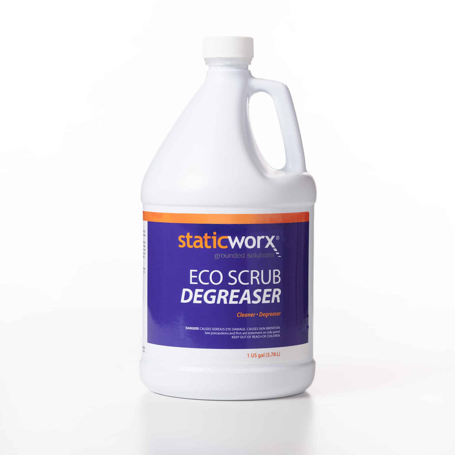 Photo of a bottle of EcoScrub floor stripper/degreaser. The white, screw-top bottle has a blue label with orange trim on the top and the StaticWorx logo underneath. Large white text on the label reads ECO SCRUB DEGREASER. In smaller orange text underneath: ‘Cleaner +Degreaser’ with a safety warning in white smaller text underneath: “DANGER! CAUSES SERIOUS EYE DAMAGE. CAUSES SKIN IRRITATION. See precautions and first aid statement on side panel. KEEP OUT OF THE REACH OF CHILDREN."