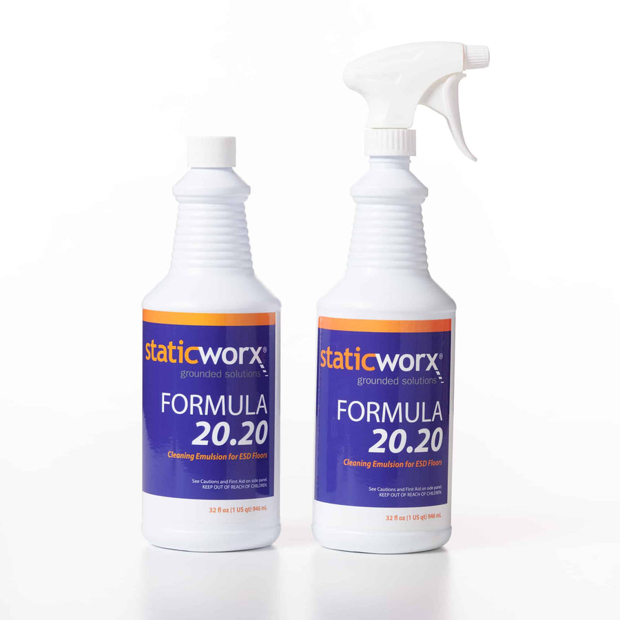 Photo of two bottles of Formula 20.20 cleaning emulsion, one with a spray top. Each bottle has a blue label with orange trim on the top and the StaticWorx logo underneath. Large white text on the label reads FORMULA 20.20. In smaller orange text underneath: 'Cleaning emulsion for ESD floors' with a safety warning in white, smaller text underneath: "See Cautions and First Aid on side panel. KEEP OUT OF REACH OF CHILDREN."