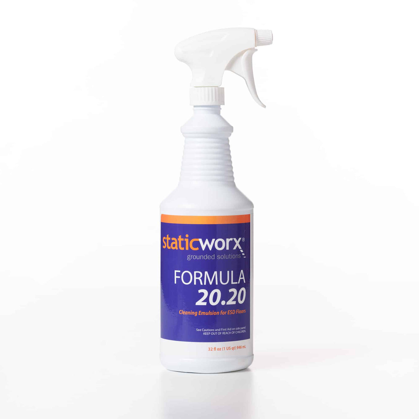 Photo of a bottle of Formula 20.20 cleaning emulsion with a spray top. The white bottle has a blue label with orange trim on the top and the StaticWorx logo underneath. Large white text on the label reads FORMULA 20.20. In smaller orange text underneath: 'Cleaning emulsion for ESD floors' with a safety warning in white, smaller text underneath: "See Cautions and First Aid on side panel. KEEP OUT OF REACH OF CHILDREN."