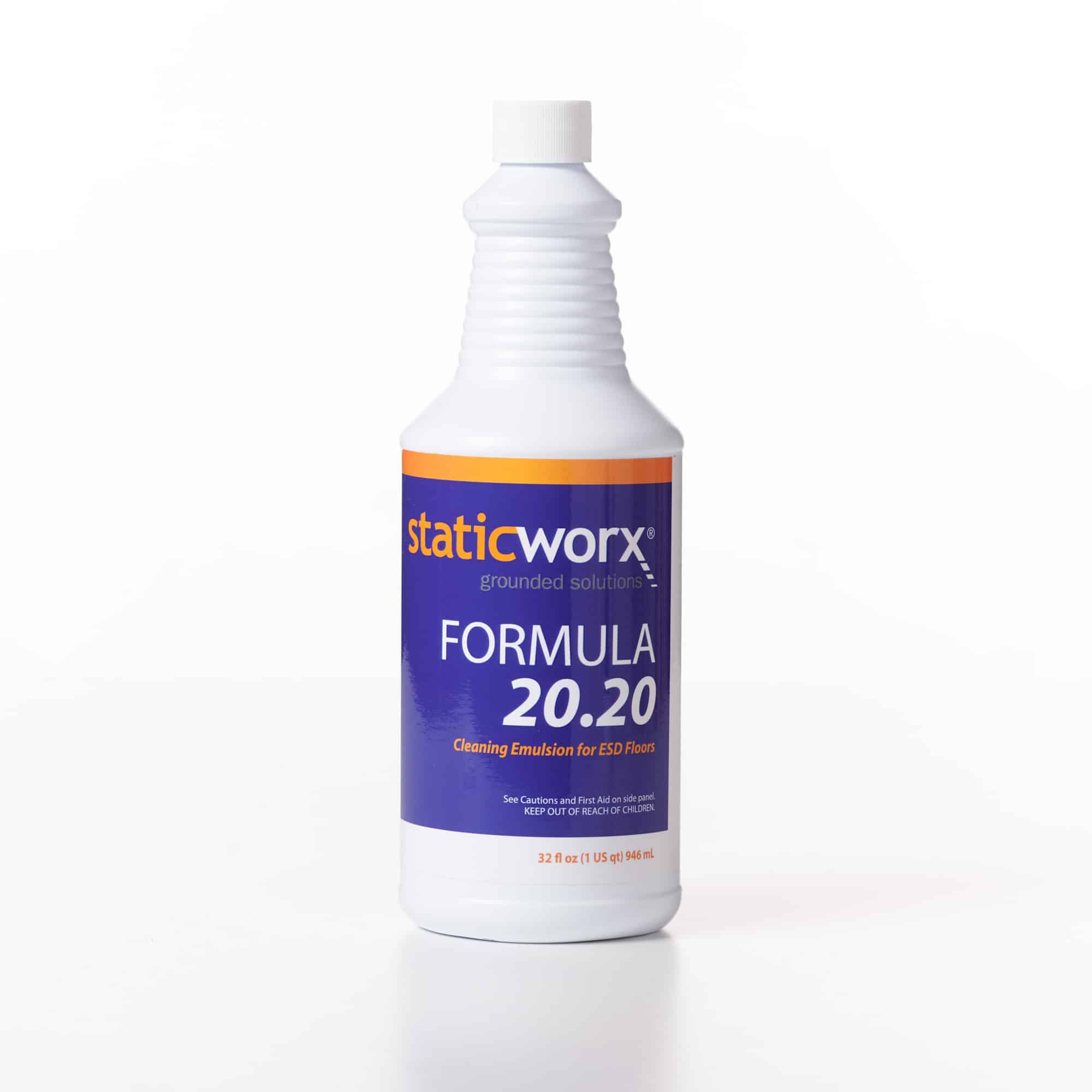 Photo of a screw-top bottle of Formula 20.20 cleaning emulsion. The white bottle has a blue label with orange trim on the top and the StaticWorx logo underneath. Large white text on the label reads FORMULA 20.20. In smaller orange text underneath: 'Cleaning emulsion for ESD floors' with a safety warning in white, smaller text underneath: "See Cautions and First Aid on side panel. KEEP OUT OF REACH OF CHILDREN."