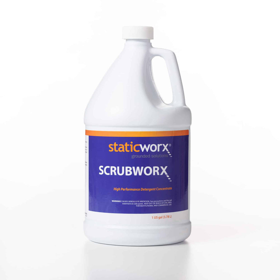 Photo of a bottle of ScrubWorx neutral floor cleaner. The white, screw-top bottle has a blue label with orange trim on the top and the StaticWorx logo underneath. Large white text on the label reads SCRUBWORX. In smaller orange text underneath: ‘High Performance Detergent Concentrate’ with a safety warning in white smaller text underneath: “WARNING! CAUSES SERIOUS EYE IRRITATION. See precautions and first aid statement on side panel. KEEP OUT OF REACH OF CHILDREN. FOR INSTITUTIONAL AND COMMERCIAL USE.”
